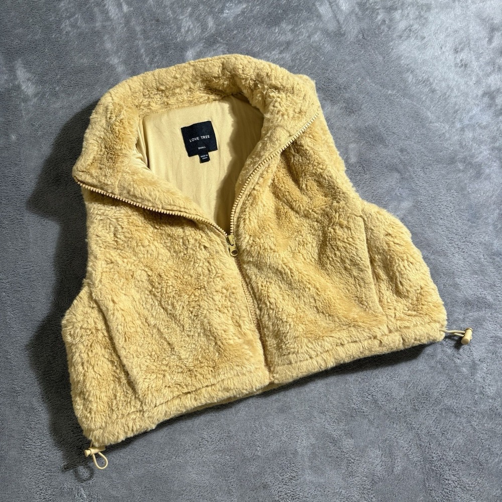 Love Tree Teddy Bear Sherpa Sleeveless Women's Small Golden Yellow Vest